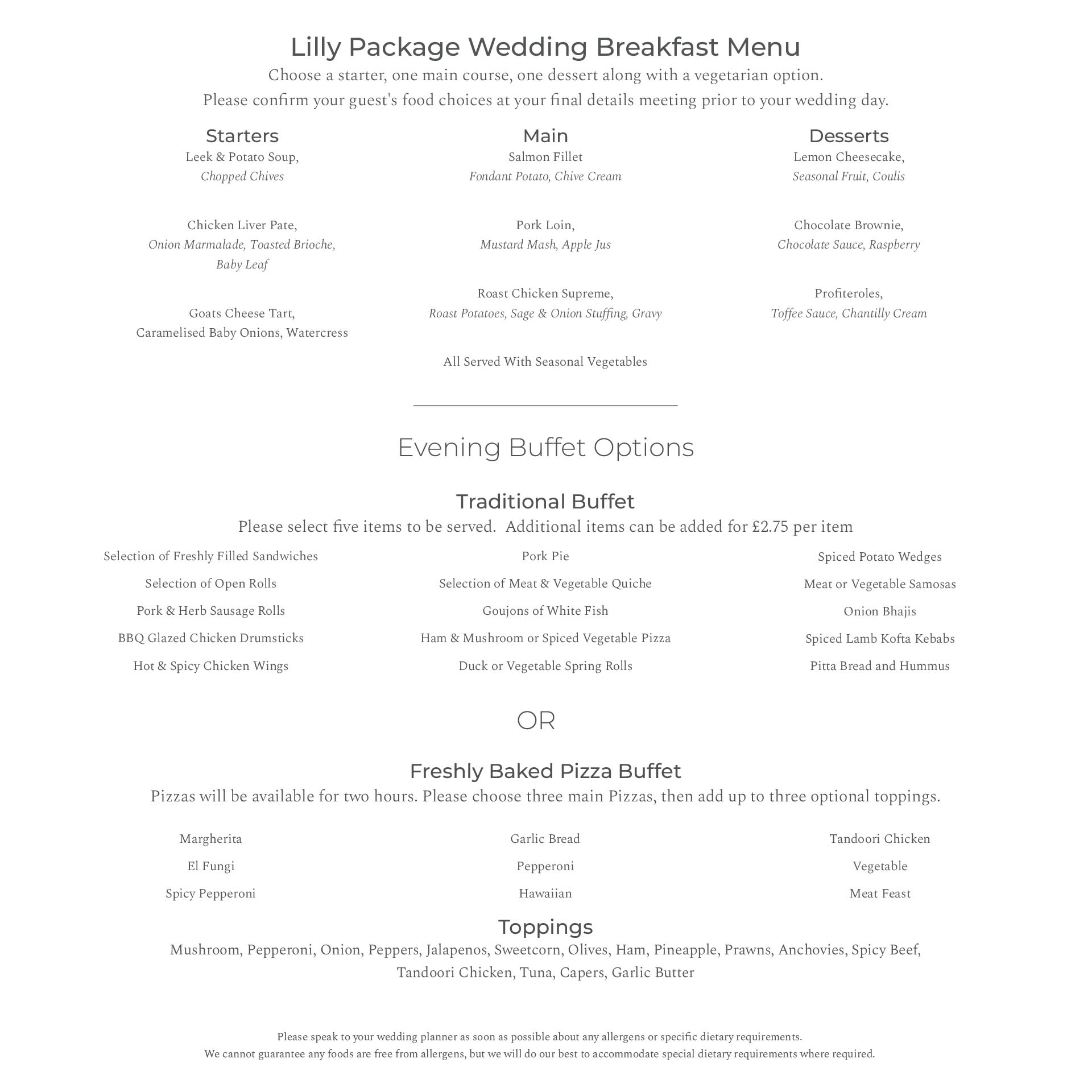 Lilly Package Menu Bredbury Hall Wedding Venue in Stockport Cheshire